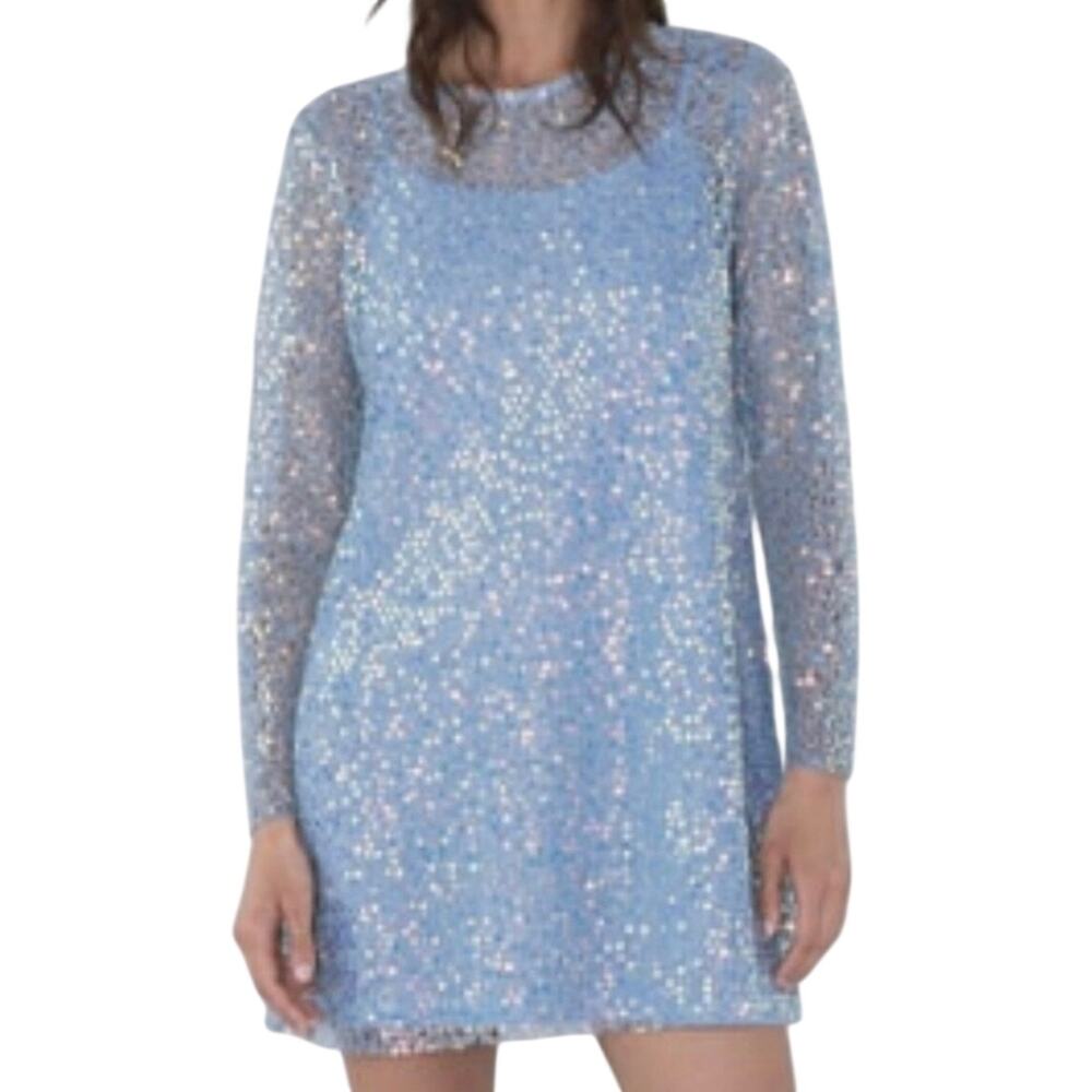 Zara Baby Blue Iridescent Sequin Long Sleeve Mini Party Dress Size M